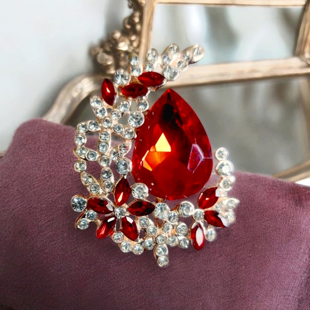 Elegant Red and Silver Crystal Brooch